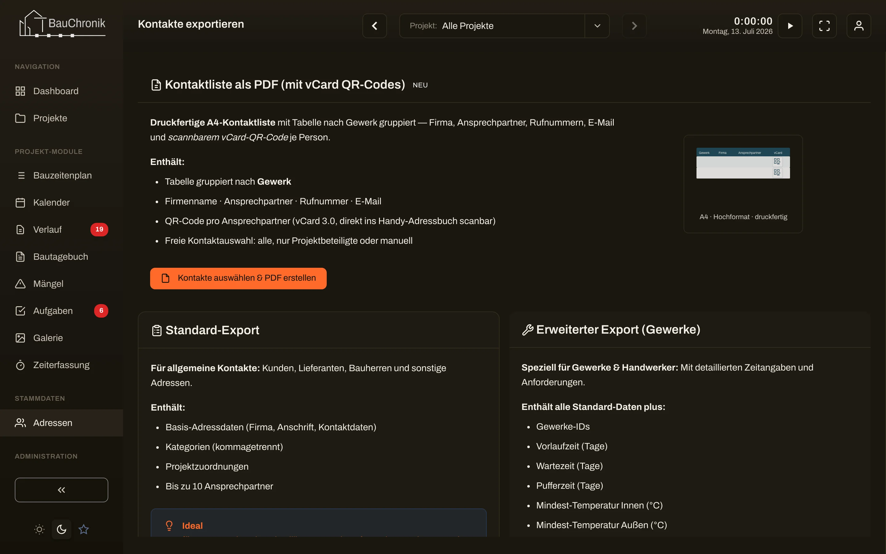 Export-Dialog mit CSV- und PDF-Optionen