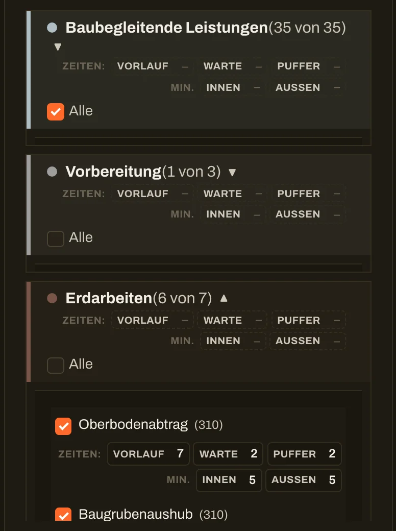 Gewerke-Zuordnung mit Planungswerten