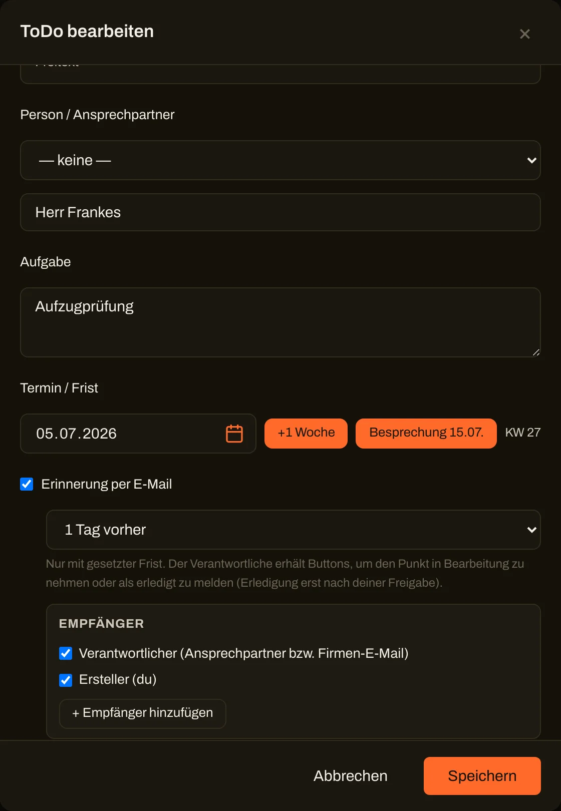 Erinnerungs-Einstellungen mit Empfängern und Vorlauf