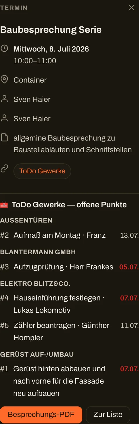 Termin-Details mit verknüpfter ToDo-Gewerke-Liste und Besprechungs-PDF