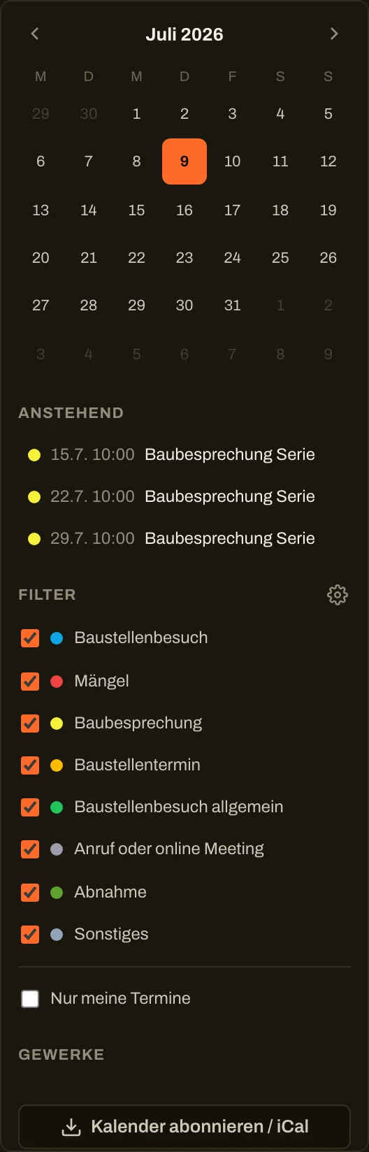 Filterleiste mit Terminarten und Gewerken