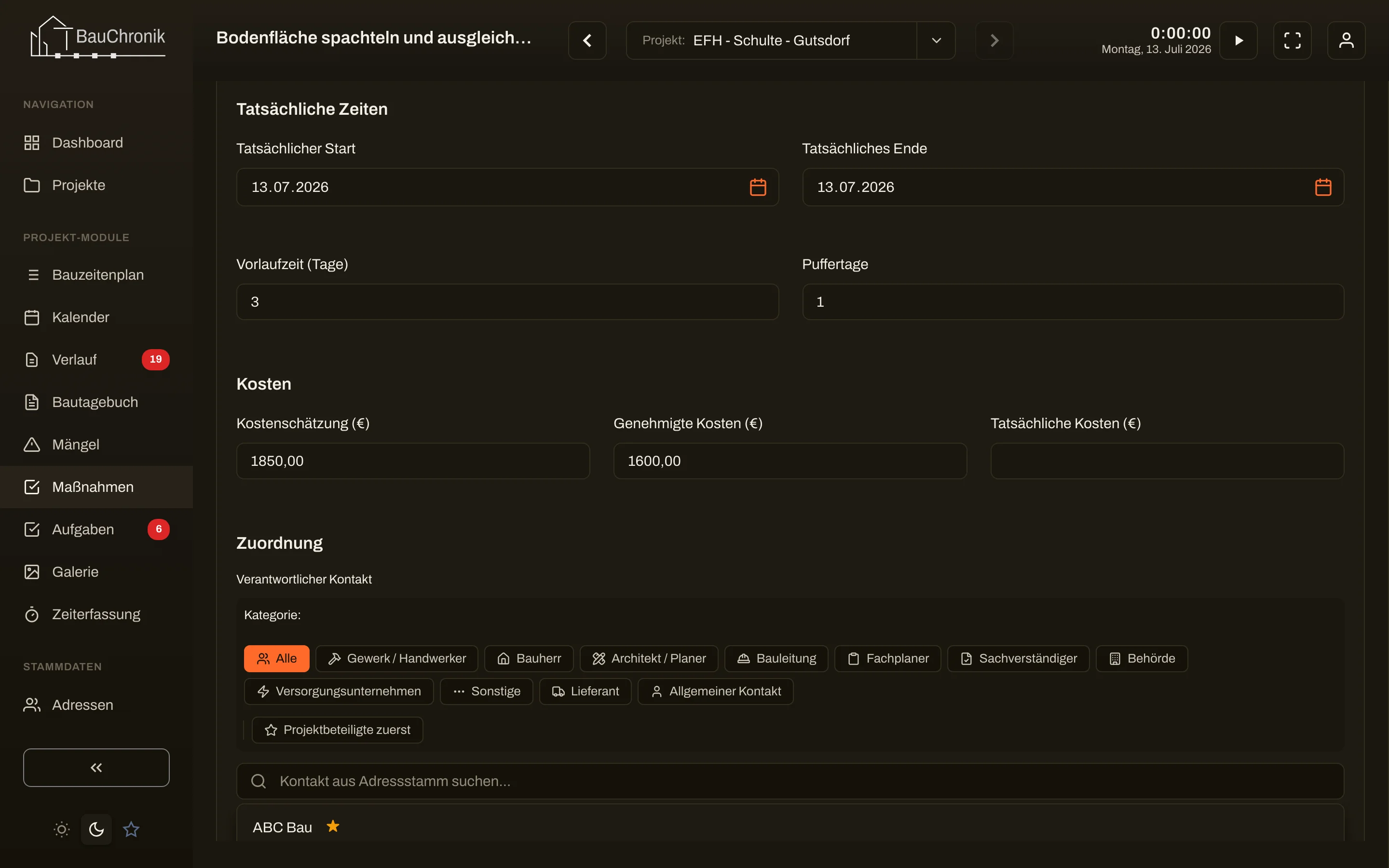 Maßnahme mit Terminplanung und Kosten