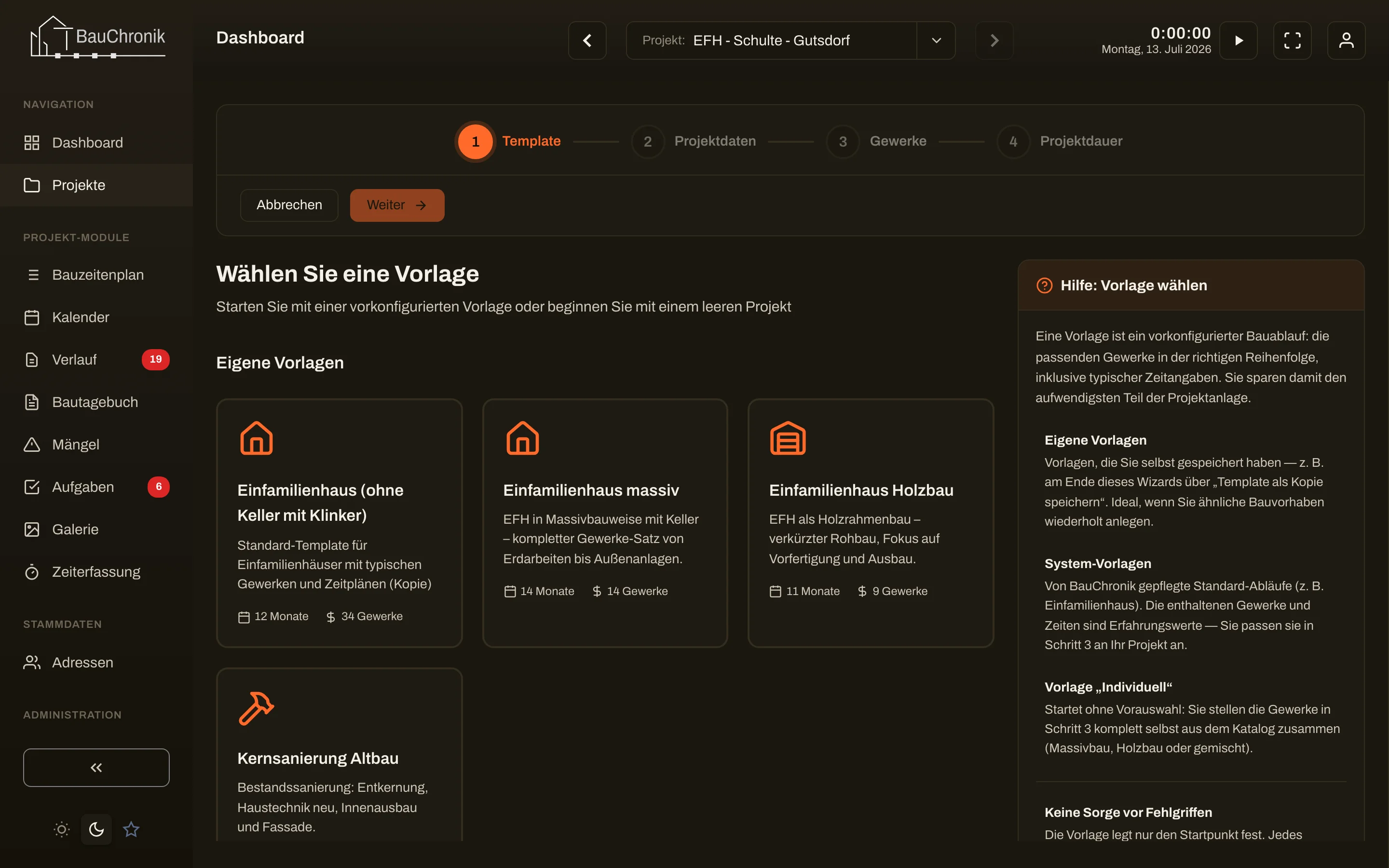 Projekt anlegen mit Vorlagen-Auswahl