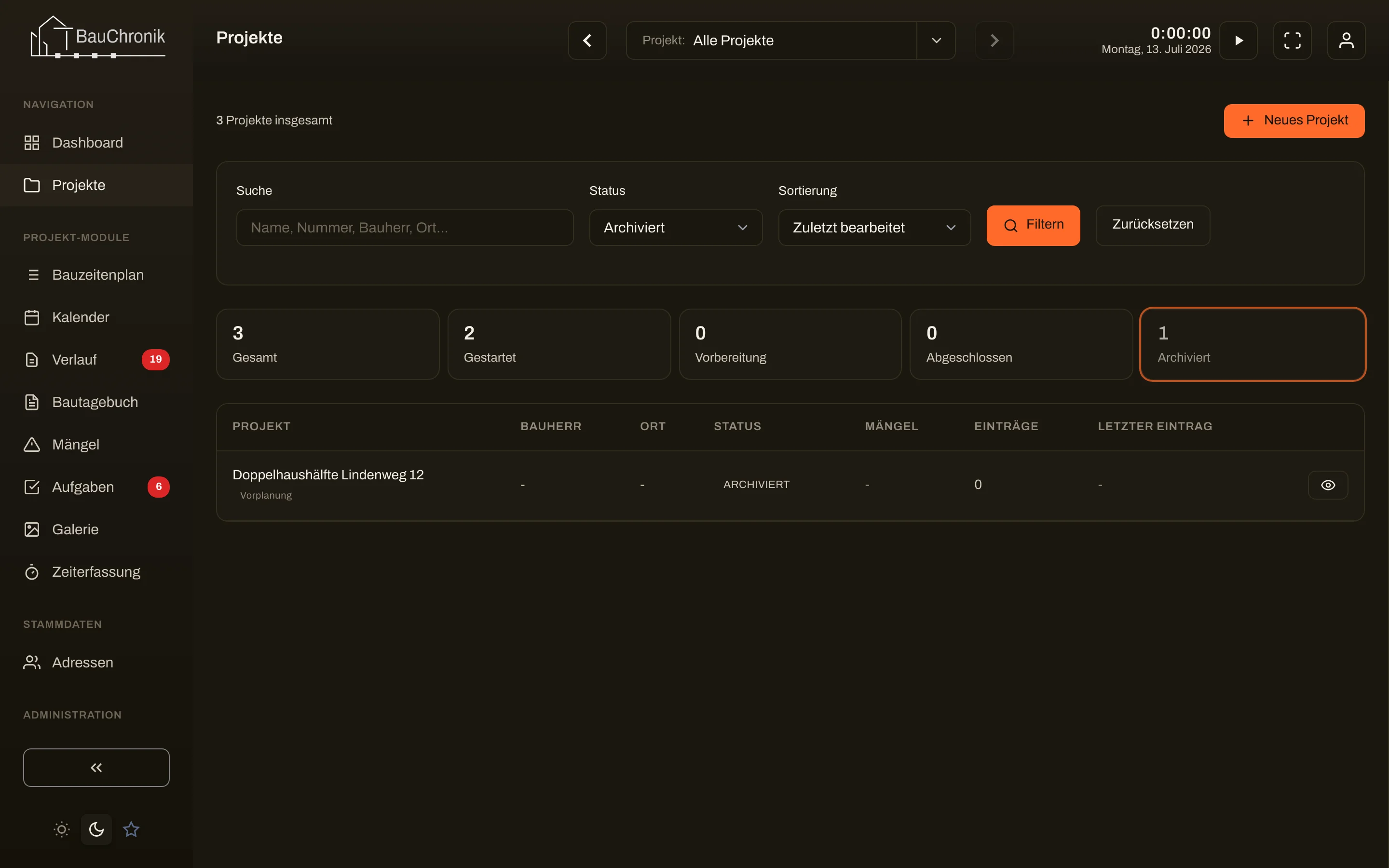 Projektliste mit Archiv-Filter
