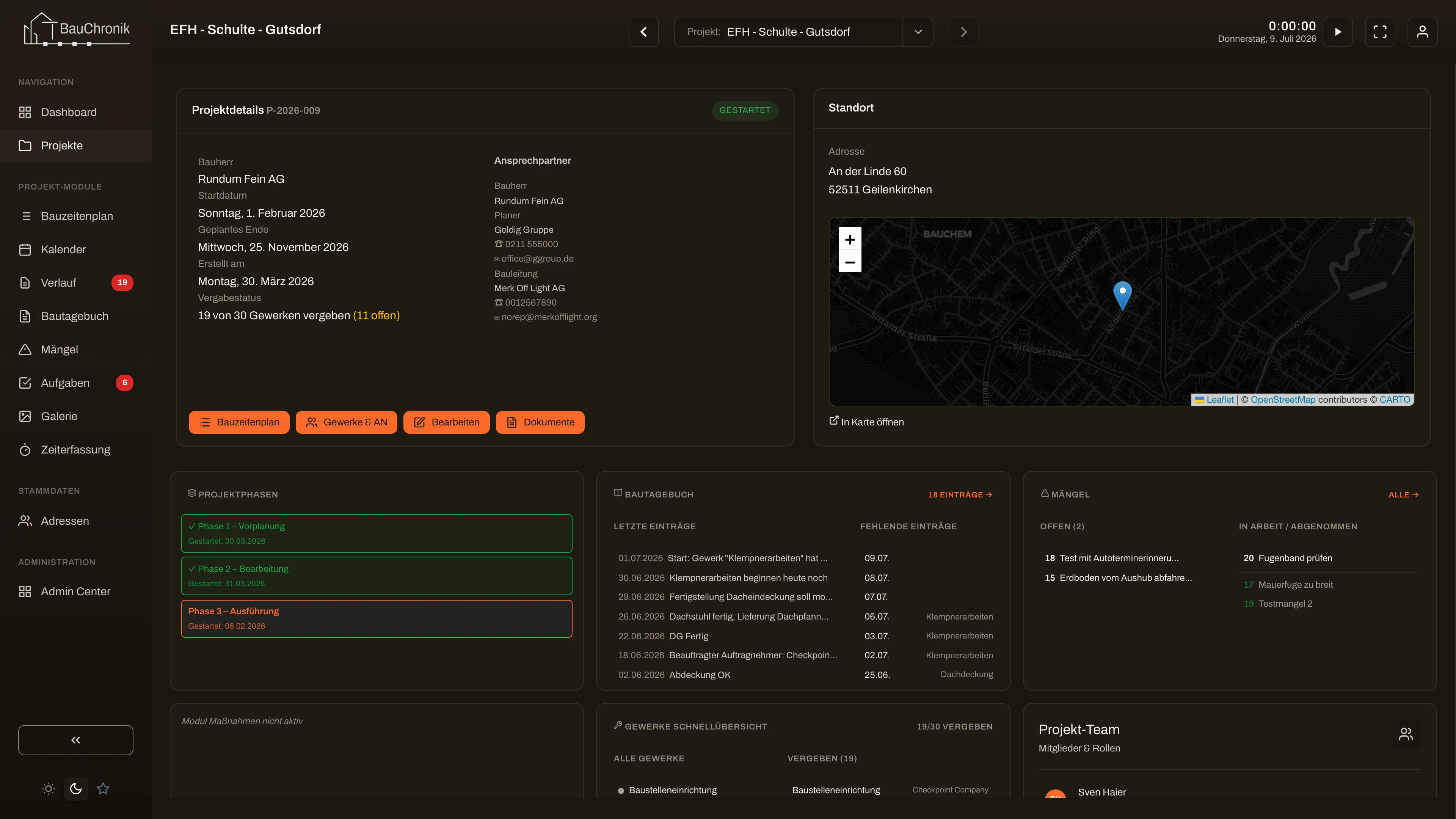 Projektdetails mit Phasen und Standortkarte