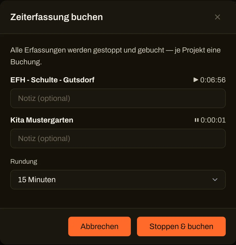 Buchungsdialog mit Rundung und Tätigkeiten