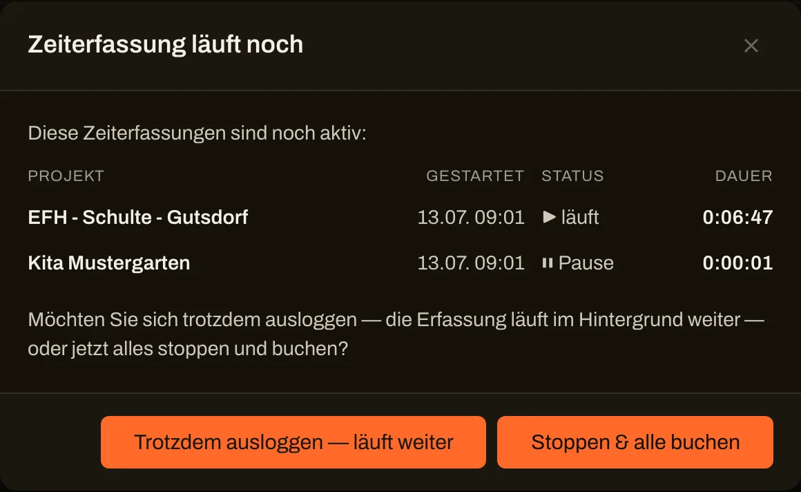 Timer-Übersicht mit mehreren Projekten